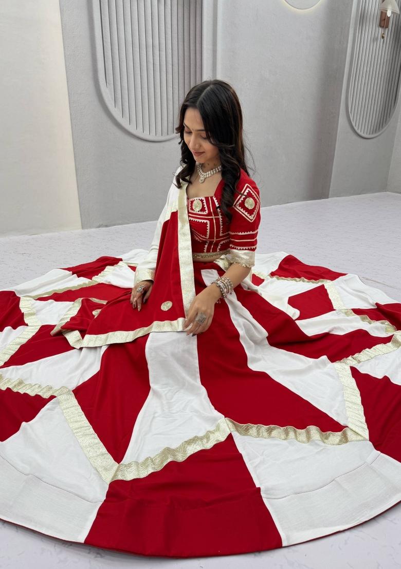 Crimson Red And Off White Gota Patti Cotton Navratri Lehenga Set - Indya