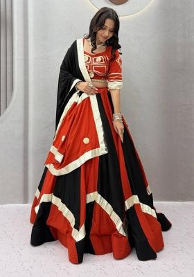 Rust Red And Black Gota Patti Cotton Navratri Lehenga Set