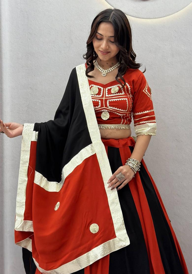 Rust Red And Black Gota Patti Cotton Navratri Lehenga Set - Indya