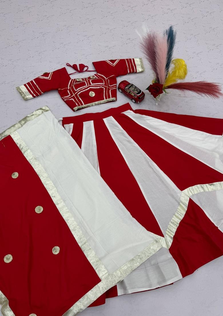 Rust Red And Black Gota Patti Cotton Navratri Lehenga Set - Indya