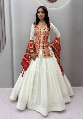 Crimson Red And Off White Sequin Work Silk Navratri Lehenga Set