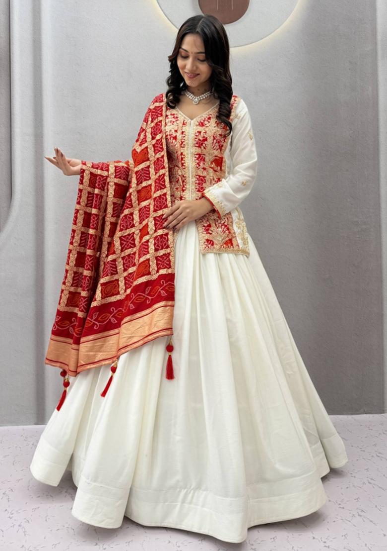 Crimson Red And Off White Sequin Work Silk Navratri Lehenga Set - Indya
