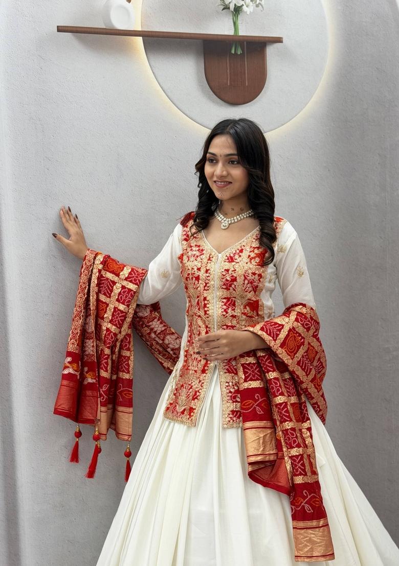 Crimson Red And Off White Sequin Work Silk Navratri Lehenga Set - Indya