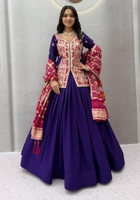 Royal Purple And Rani Pink Sequin Work Silk Navratri Lehenga Set