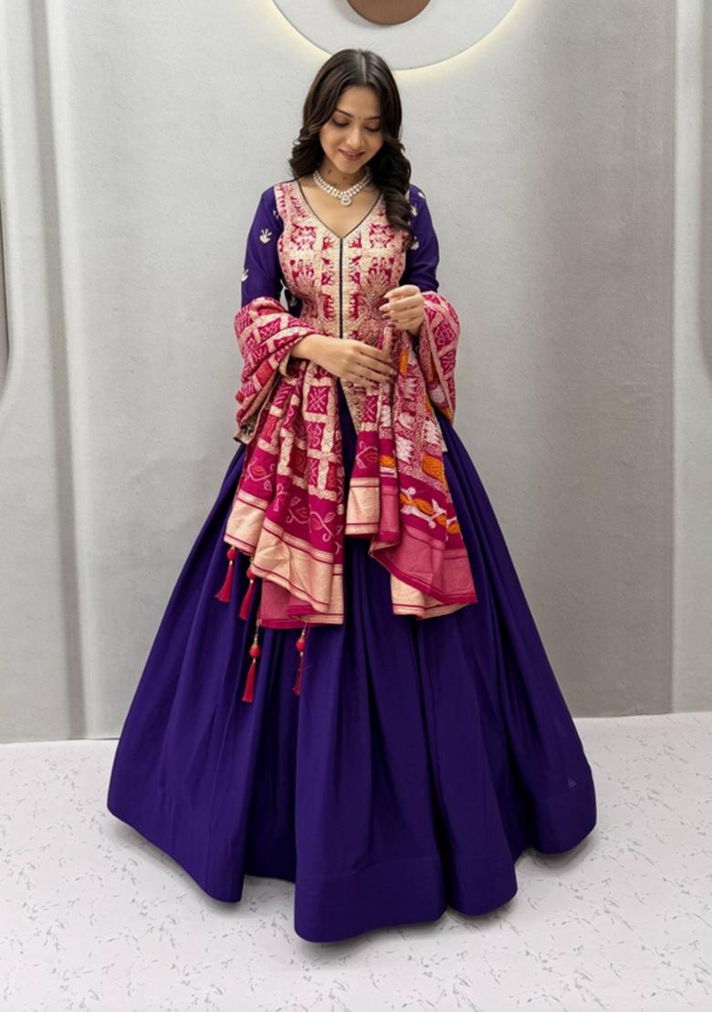Royal Purple And Rani Pink Sequin Work Silk Navratri Lehenga Set - Indya