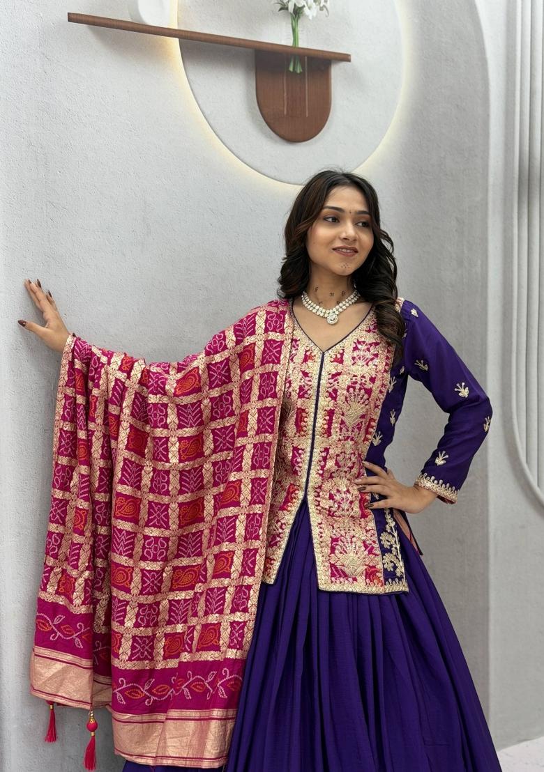 Royal Purple And Rani Pink Sequin Work Silk Navratri Lehenga Set - Indya