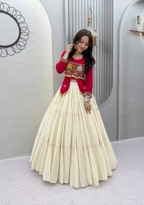 Deep Pink And Off White Handwork Cotton Navratri Lehenga Set