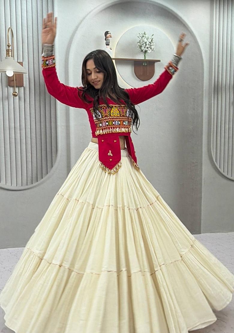 Deep Pink And Off White Handwork Cotton Navratri Lehenga Set - Indya