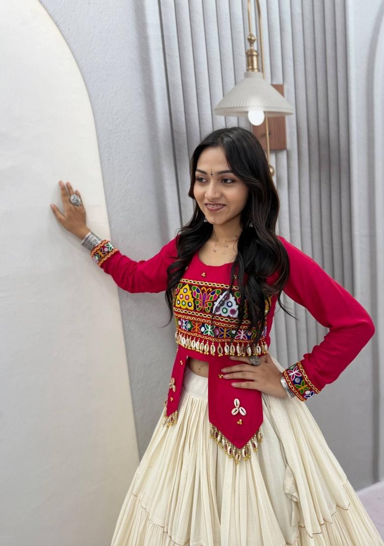Deep Pink And Off White Handwork Cotton Navratri Lehenga Set - Indya