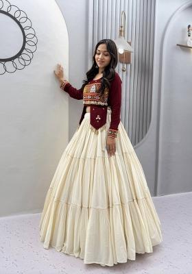 Maroon And Off White Handwork Cotton Navratri Lehenga Set