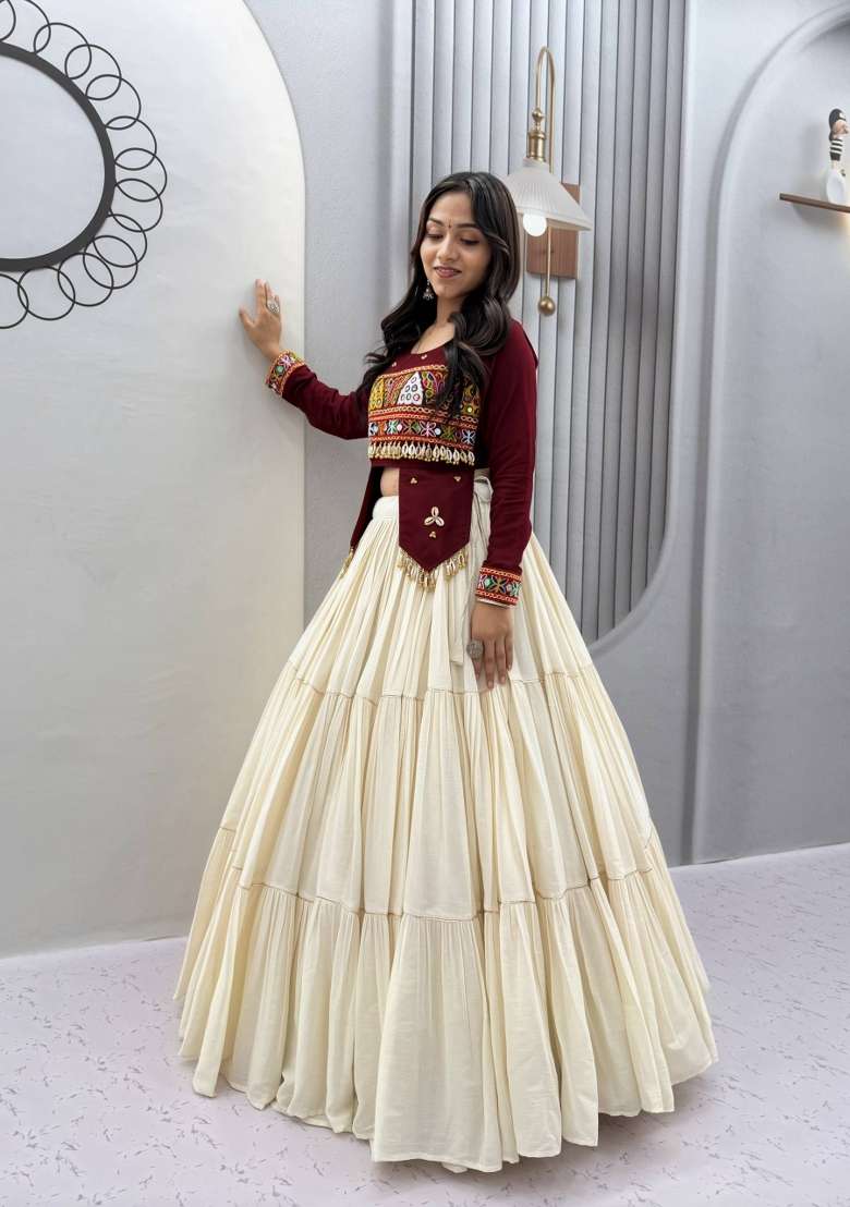Maroon And Off White Navratri Cotton Lehenga Set with Handwork for Diwali | Wedding & Festive Wear - Indya