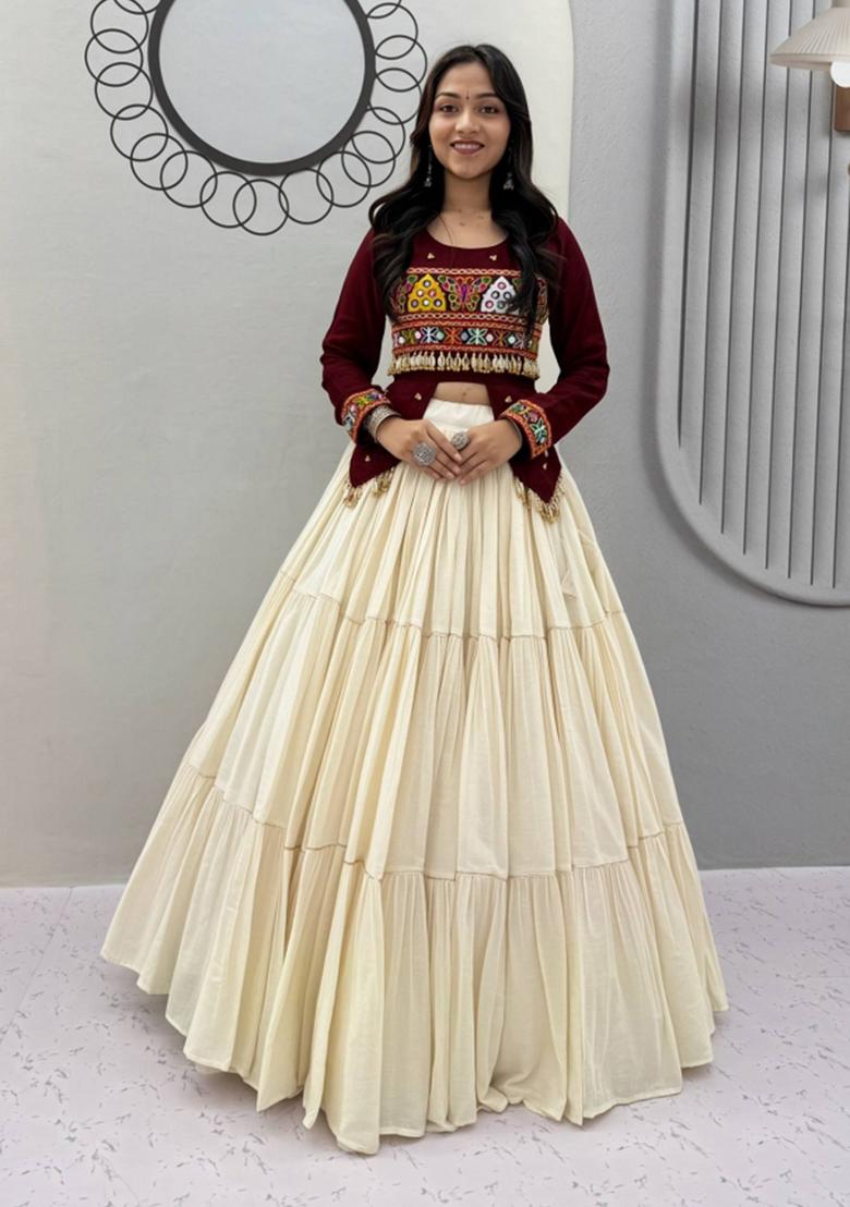 Maroon And Off White Handwork Cotton Navratri Lehenga Set - Indya