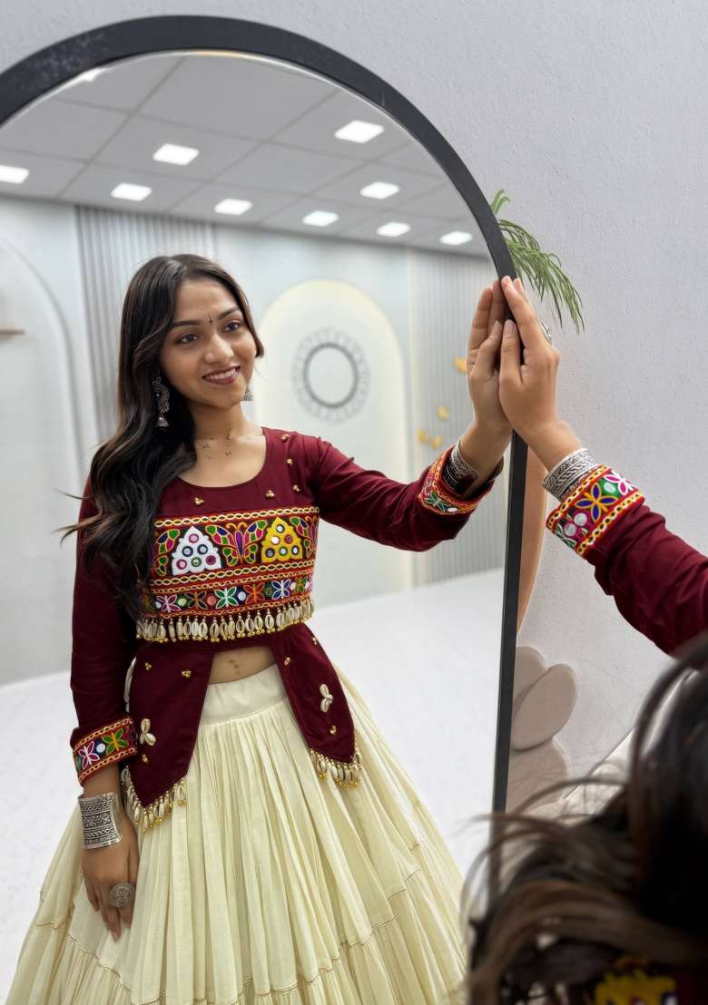Maroon And Off White Navratri Cotton Lehenga Set with Handwork for Diwali | Wedding & Festive Wear - Indya