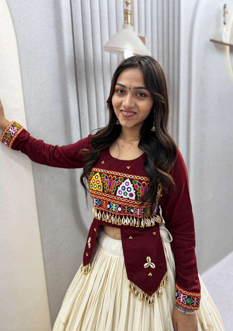 Maroon And Off White Handwork Cotton Navratri Lehenga Set - Indya
