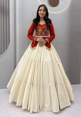 Rust Orange And Off White Handwork Cotton Navratri Lehenga Set