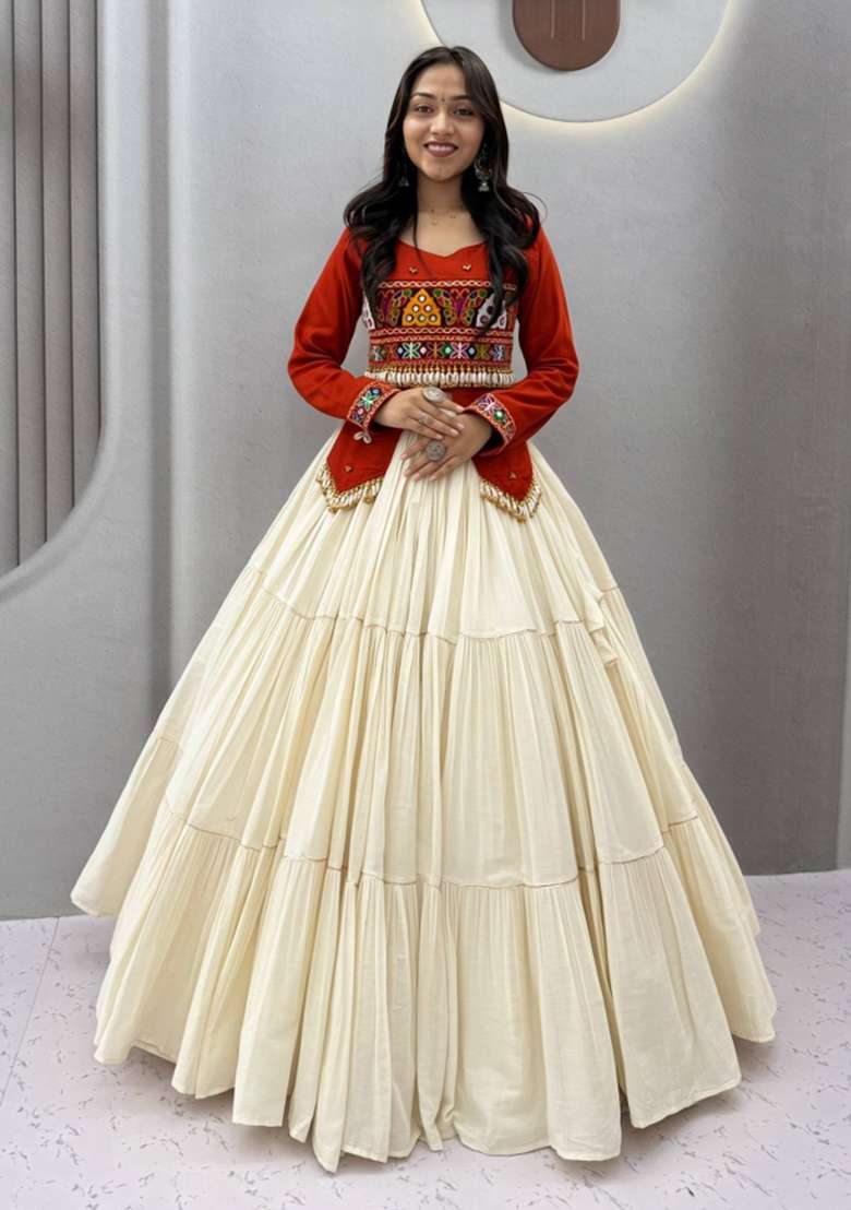 Rust Orange And Off White Navratri Cotton Lehenga Set with Handwork for Diwali | Wedding & Festive Wear - Indya