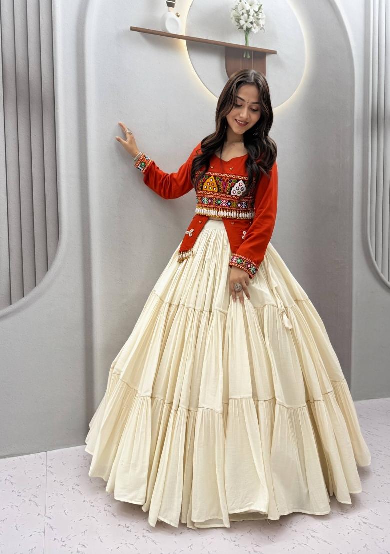 Rust Orange And Off White Handwork Cotton Navratri Lehenga Set - Indya