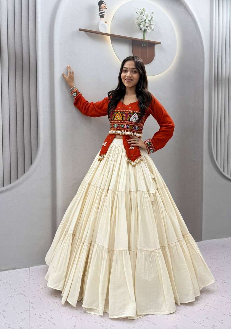 Rust Orange And Off White Navratri Cotton Lehenga Set with Handwork for Diwali | Wedding & Festive Wear - Indya