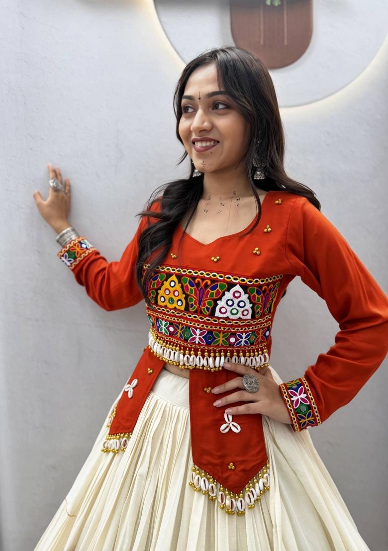 Rust Orange And Off White Handwork Cotton Navratri Lehenga Set - Indya