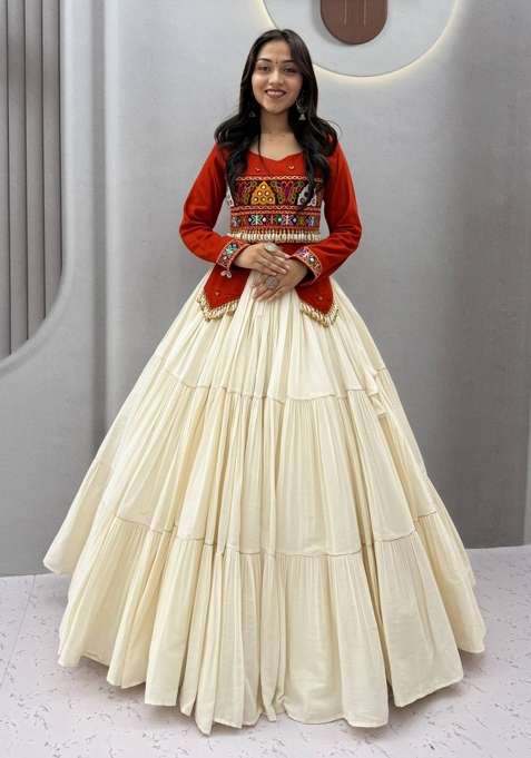 Rust Orange And Off White Navratri Cotton Lehenga Set with Handwork for Diwali | Wedding & Festive Wear
