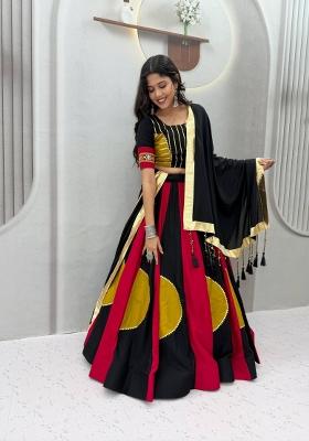 Black And Red Gamthi Work Cotton Navratri Lehenga Set