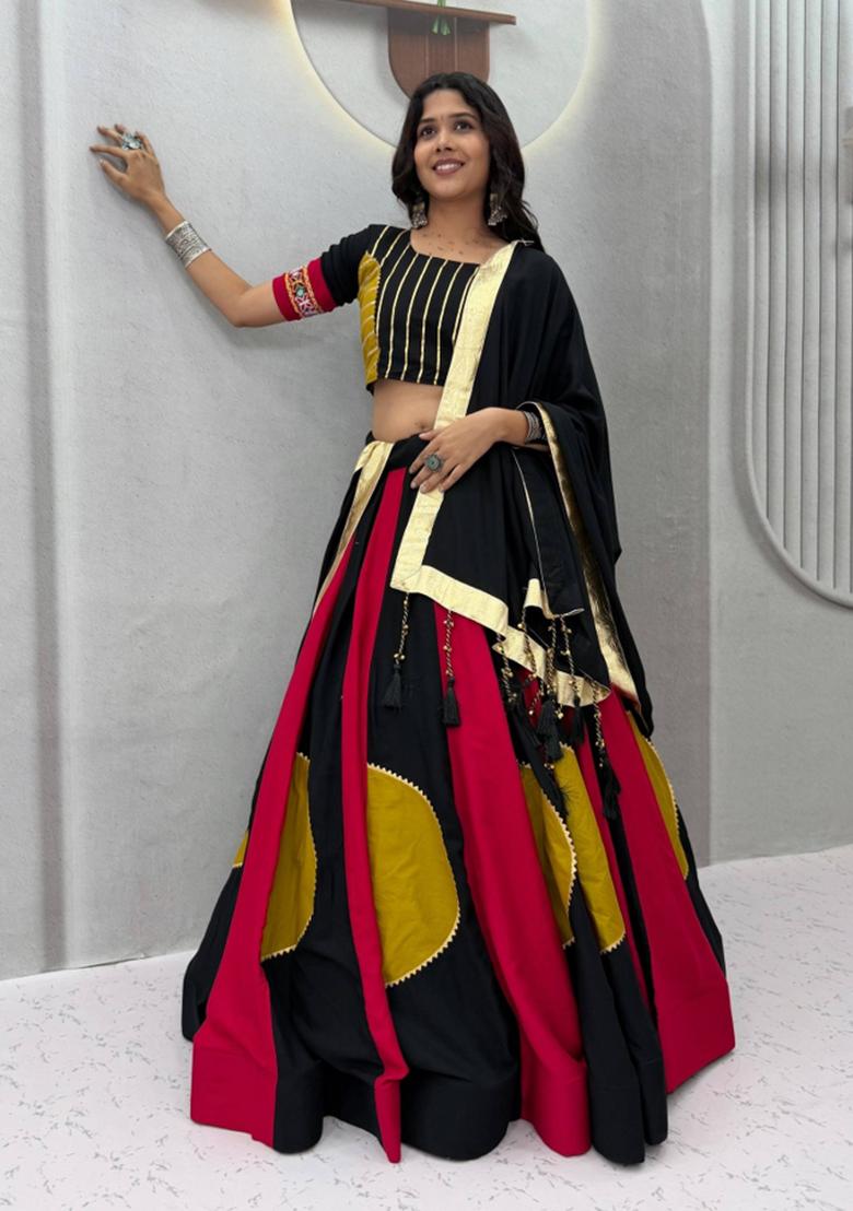 Black And Red Gamthi Work Cotton Navratri Lehenga Set - Indya