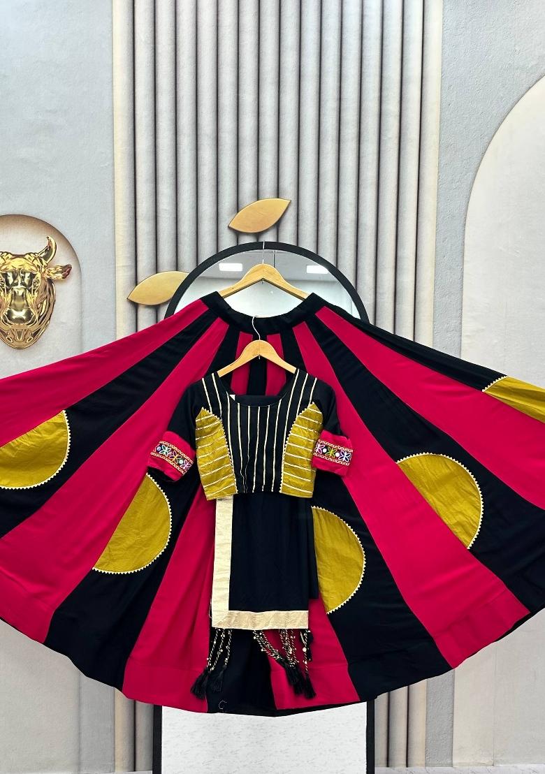 Black And Red Gamthi Work Cotton Navratri Lehenga Set - Indya