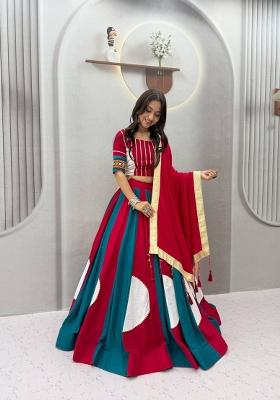 Teal Blue And Ruby Red Gamthi Work Cotton Navratri Lehenga Set