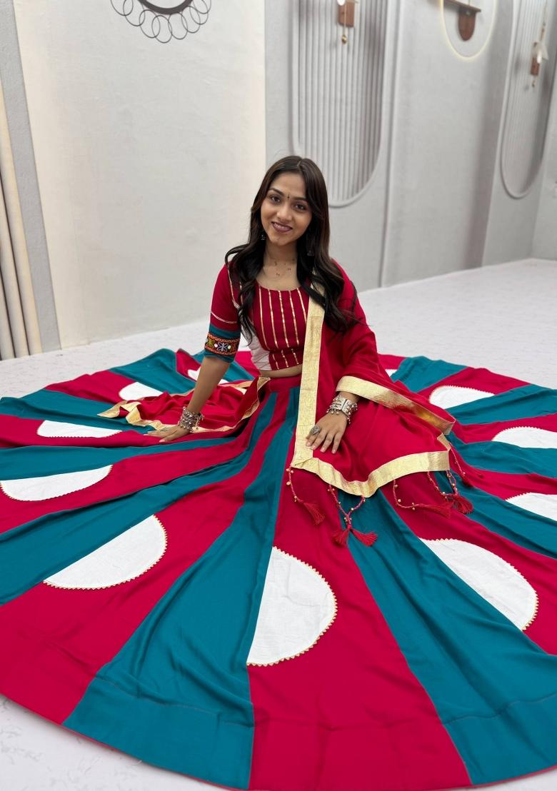 Teal Blue And Ruby Red Gamthi Work Cotton Navratri Lehenga Set - Indya