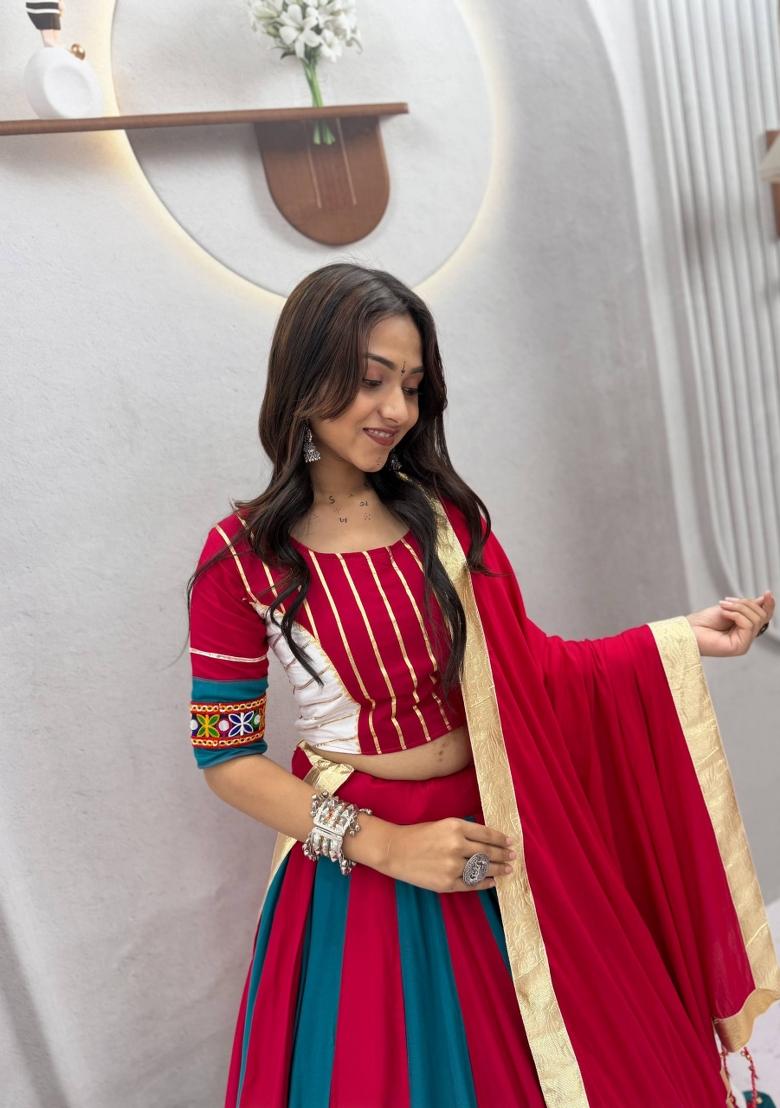 Teal Blue And Ruby Red Gamthi Work Cotton Navratri Lehenga Set - Indya