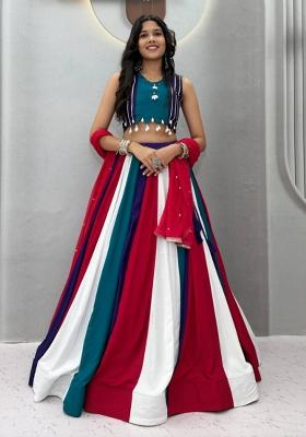 Teal Blue And Multicolor Thread Work Cotton Navratri Lehenga Set