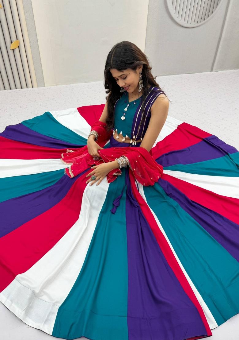 Teal Blue And Multicolor Thread Work Cotton Navratri Lehenga Set - Indya