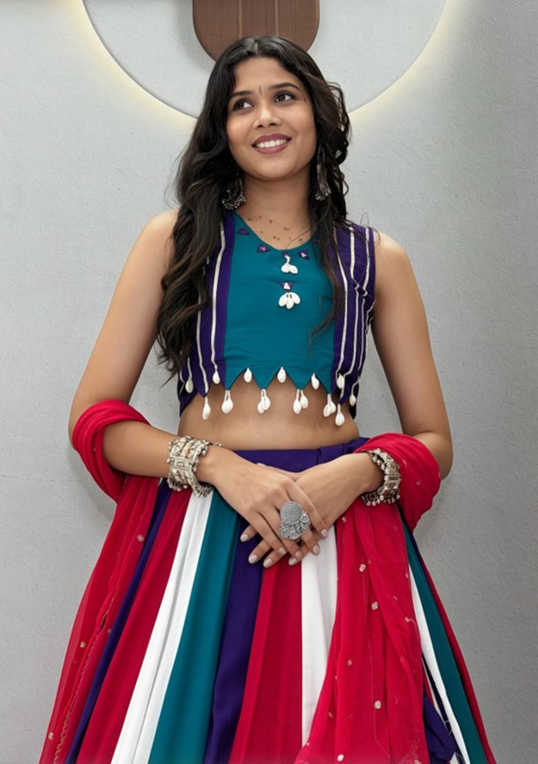 Teal Blue And Multicolor Thread Work Cotton Navratri Lehenga Set - Indya