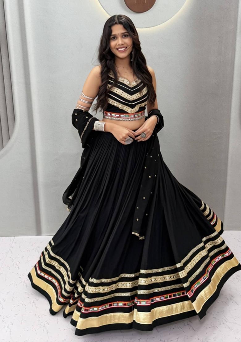 Black Gamthi Work Georgette Navratri Lehenga Set - Indya