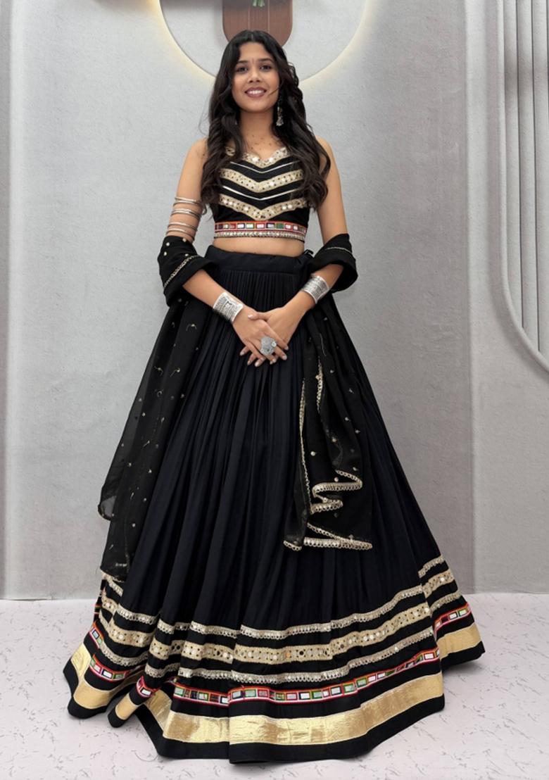 Black Gamthi Work Georgette Navratri Lehenga Set - Indya