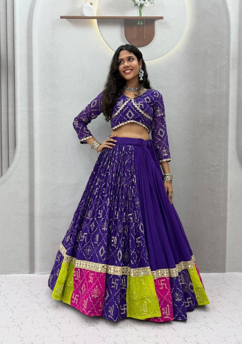Purple Embroidered Georgette Navratri Lehenga Set - Indya