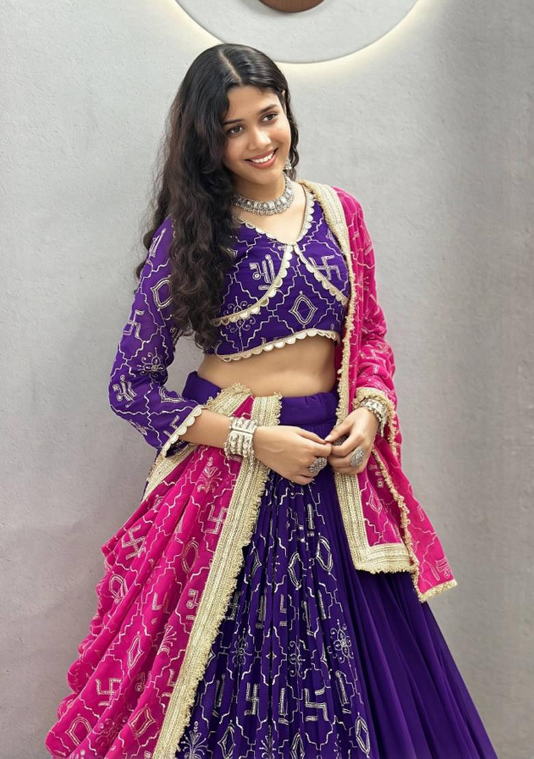 Purple Embroidered Georgette Navratri Lehenga Set - Indya