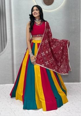 Rani Pink And Multicolor Thread Work Georgette Navratri Lehenga Set