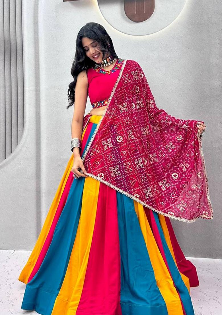 Rani Pink And Multicolor Thread Work Georgette Navratri Lehenga Set - Indya