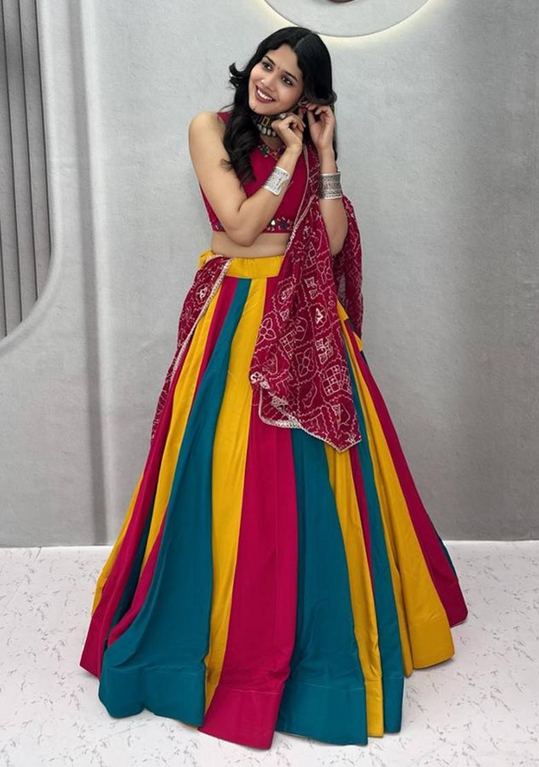 Rani Pink And Multicolor Thread Work Georgette Navratri Lehenga Set - Indya