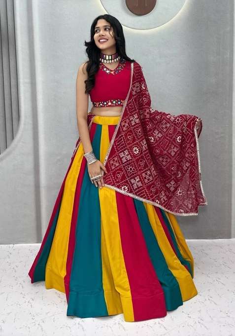 Rani Pink And Multicolor Navratri Georgette Lehenga Set with Thread Work for Diwali | Wedding & Festive Wear