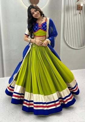 Royal Blue Andlime Green Ribbin Work Georgette Navratri Lehenga Set