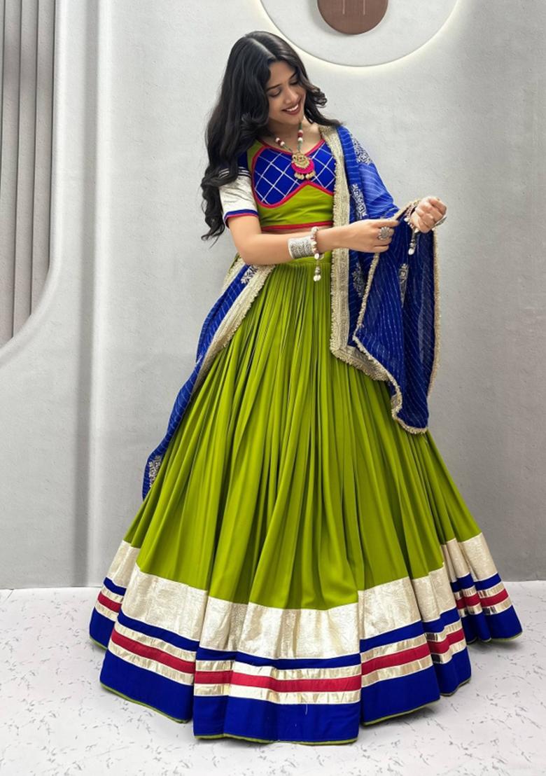 Royal Blue Andlime Green Ribbin Work Georgette Navratri Lehenga Set - Indya