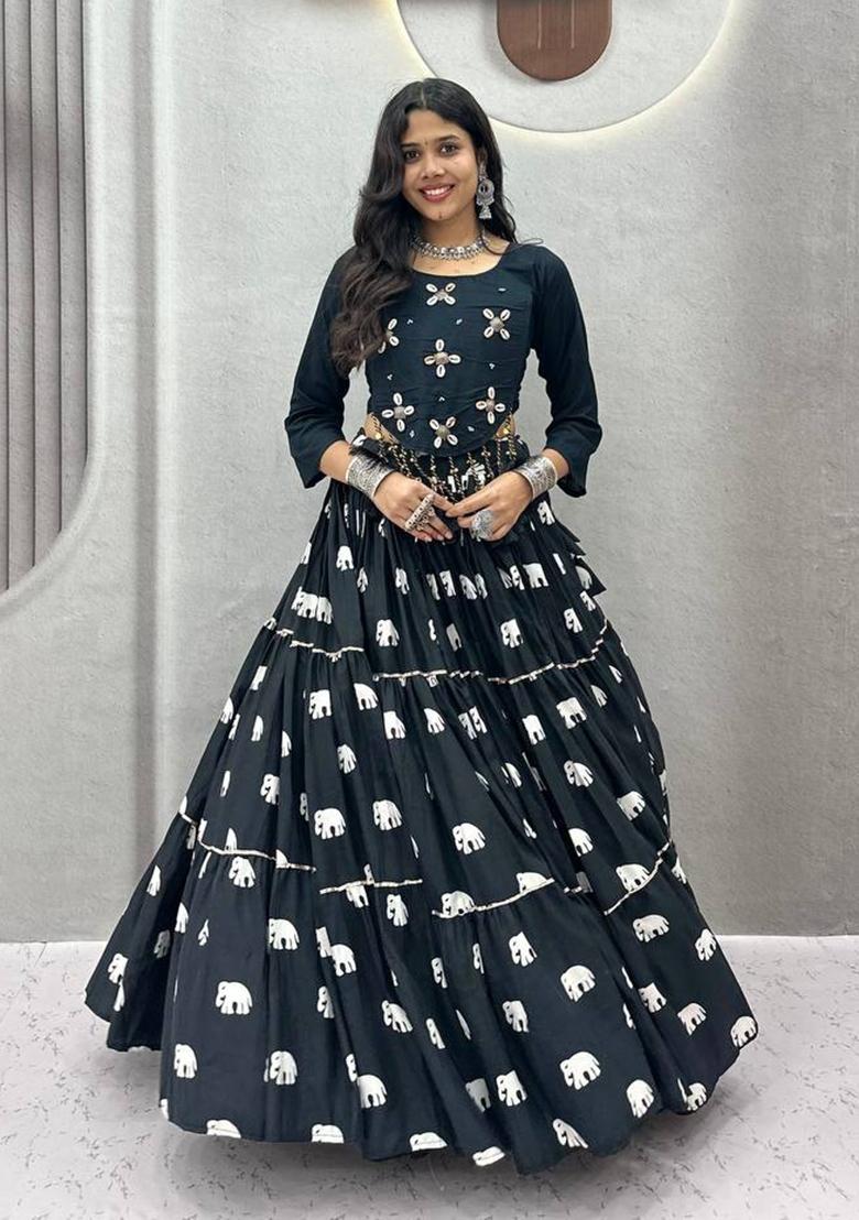 Black Handwork Cotton Navratri Lehenga Set - Indya