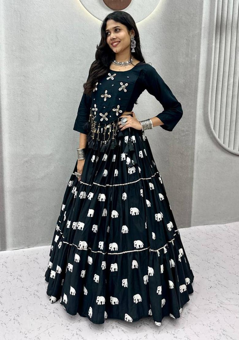 Black Handwork Cotton Navratri Lehenga Set - Indya