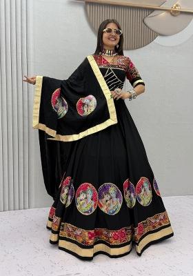 Black Printed Cotton Navratri Lehenga Set