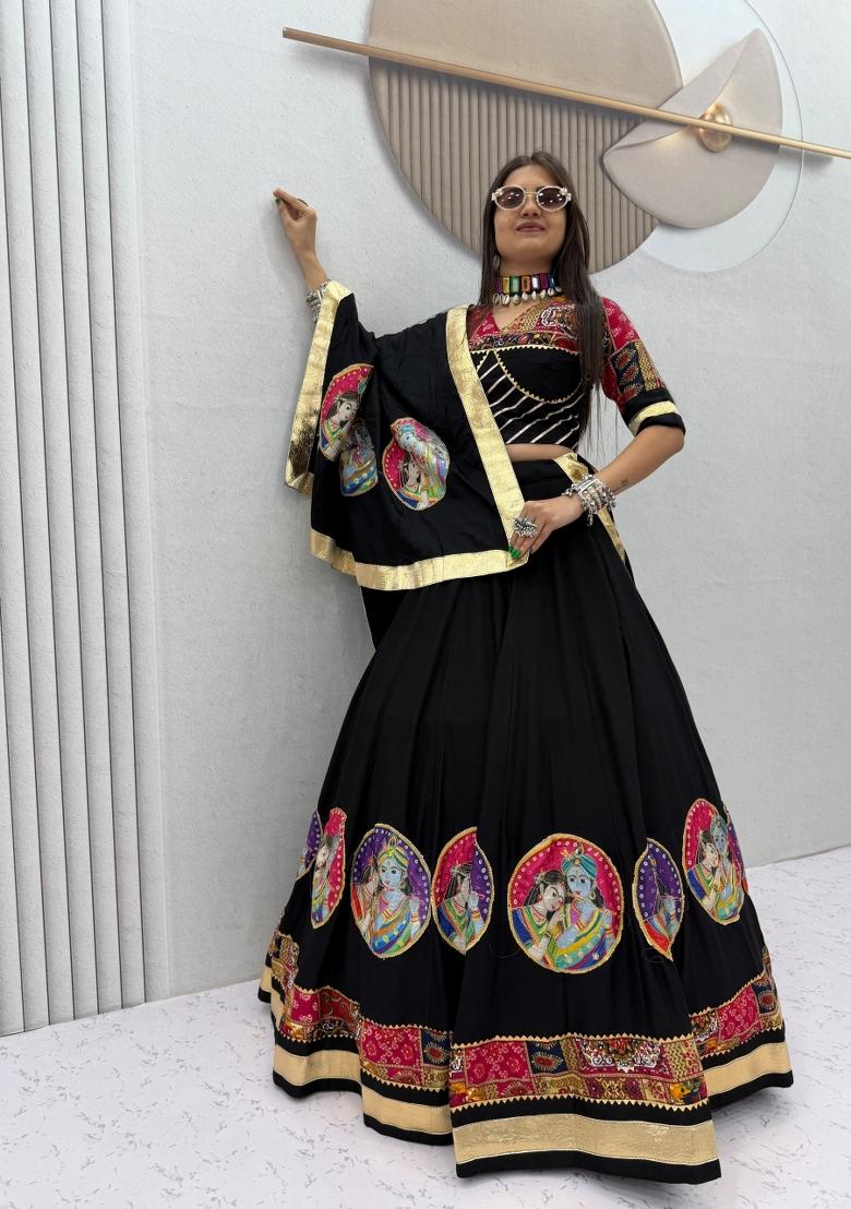 Black Printed Cotton Navratri Lehenga Set - Indya