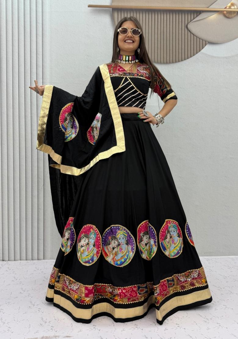 Black Printed Cotton Navratri Lehenga Set - Indya