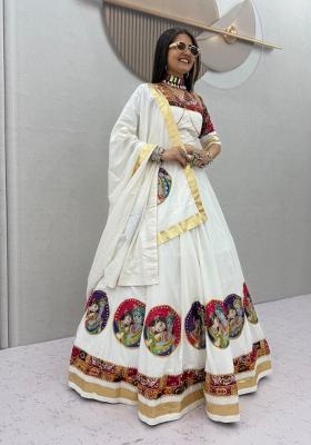 White Printed Cotton Navratri Lehenga Set
