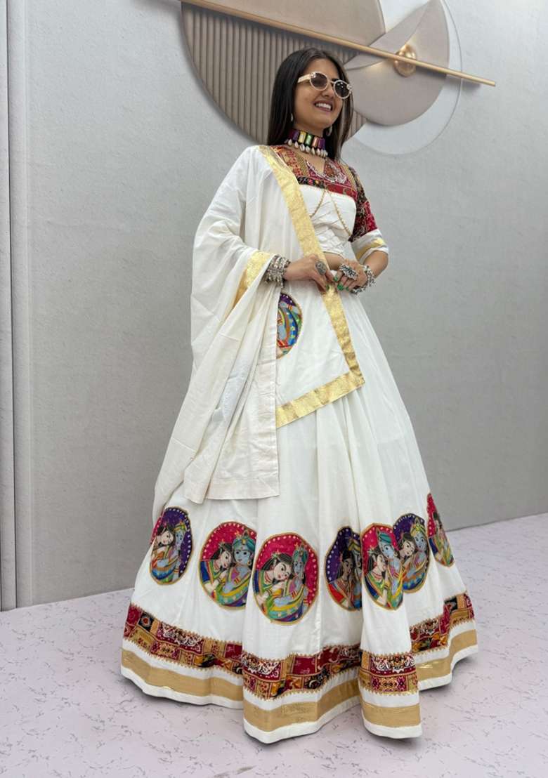 White Printed Cotton Navratri Lehenga Set for Diwali and Festive Wear - Indya